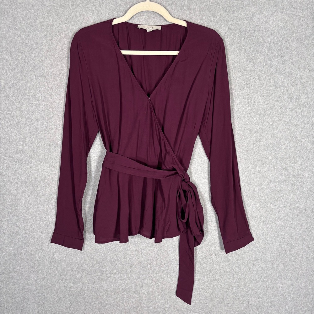 LOFT Wrap Peplum Blouse Top Small Burgundy Preppy Minimalist Feminine Romantic